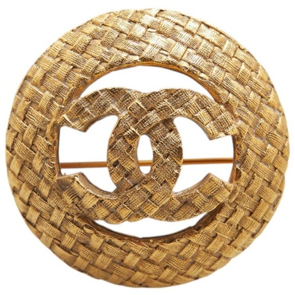 CHANEL CC Logo Round Circle Mesh Brooch Gold Tone Pin 29 Auth w/Box #9182 - Picture 2 of 6